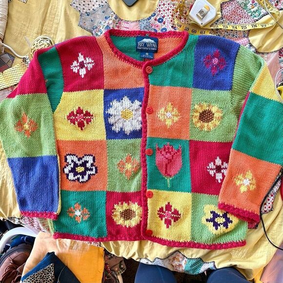 Vintage 90s Rey Wear Hand-Knitted Floral Patchwork Cardigan – 100% Cotton - Picture 5 of 7